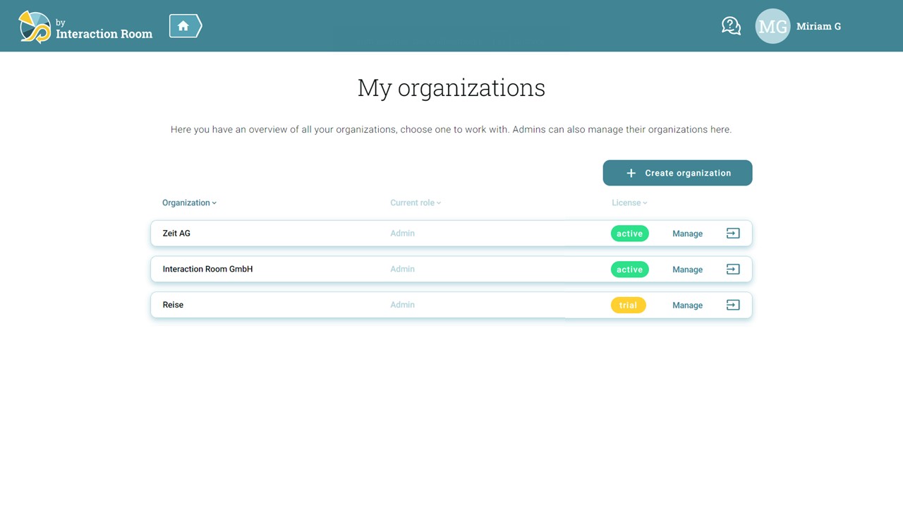 Interaction-Room-Tool: Übersicht meiner Organisationen