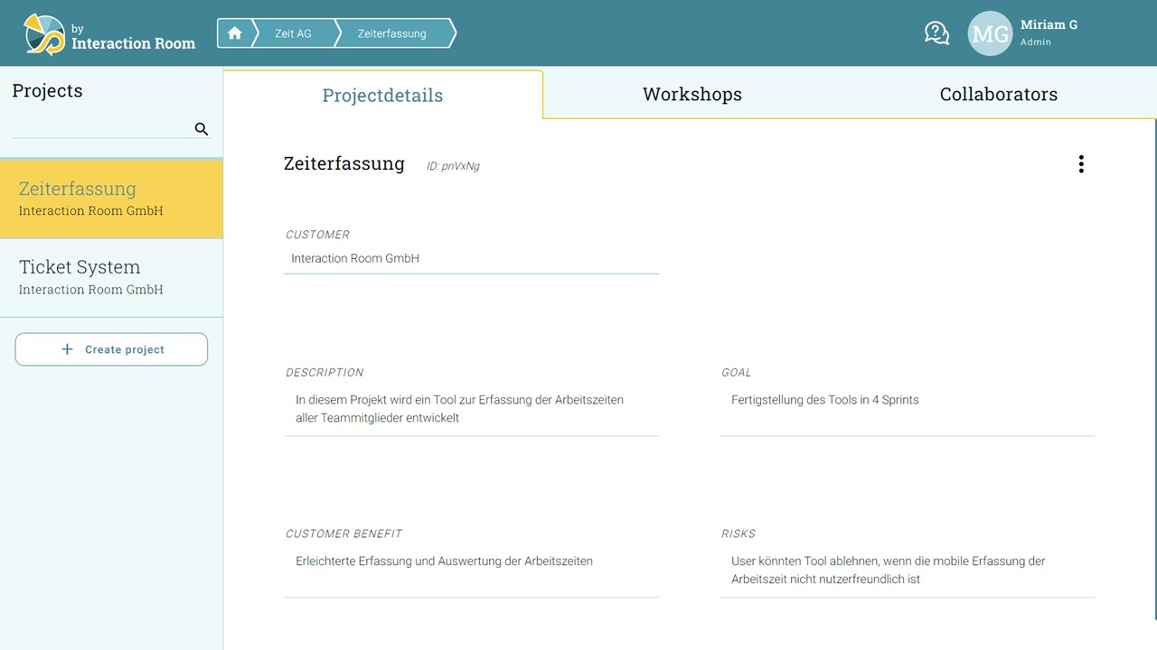 Interaction-Room-Tool: Übersicht Projektdetails